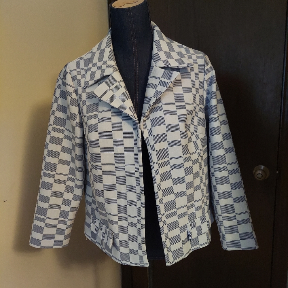 Vintage Retro Geometric Blue & White Amy Adams Knits Jacket, 16A